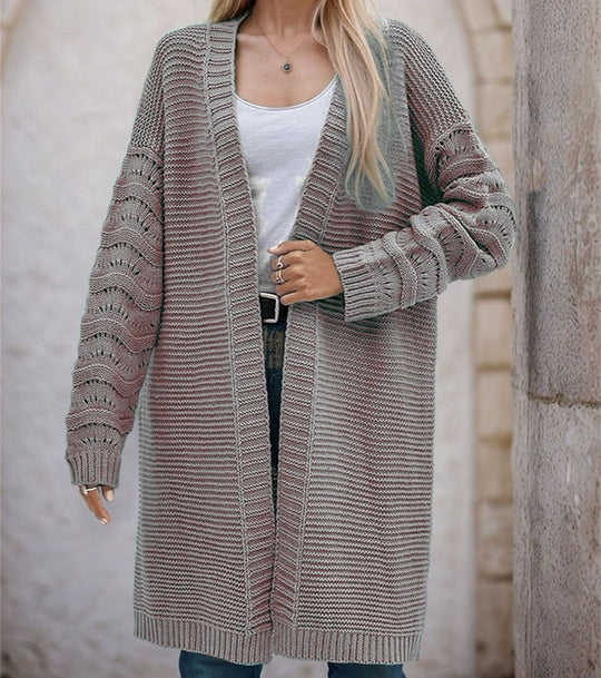 Damen Langer Strickcardigan mit luftiger Maschenstruktur und offener Front EB
