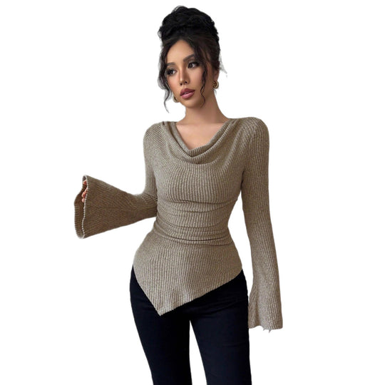 Damen elegantes Ripp-Oberteil mit asymmetrischem Saum und schulterfreiem Design EB