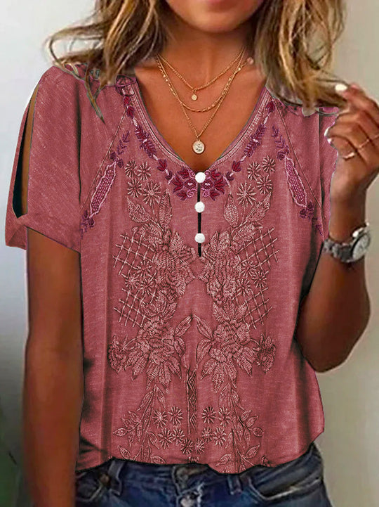 Damen Kurzarmbluse mit floralen Stickereien und Knopfdetails EB