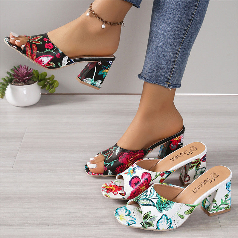 Damen Offene Mules mit floralem Muster und komfortablem Blockabsatz EB