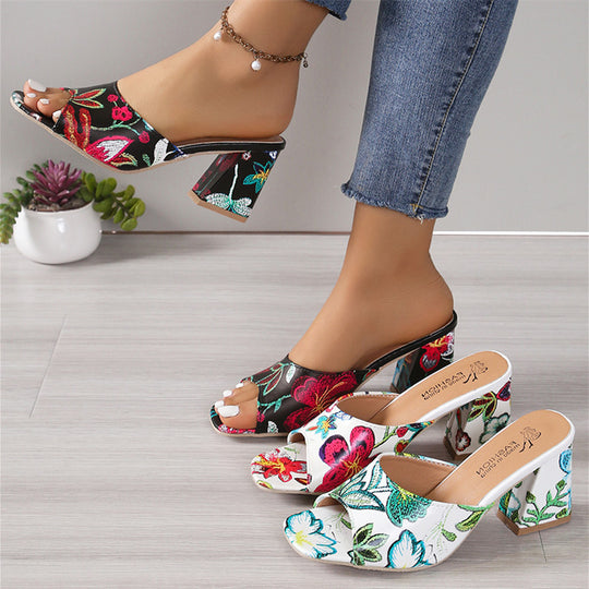 Damen Offene Mules mit floralem Muster und komfortablem Blockabsatz EB