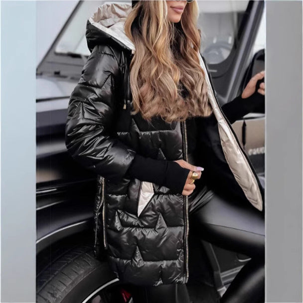 Damen Lange Steppjacke mit Kapuze und praktischen Taschen EB