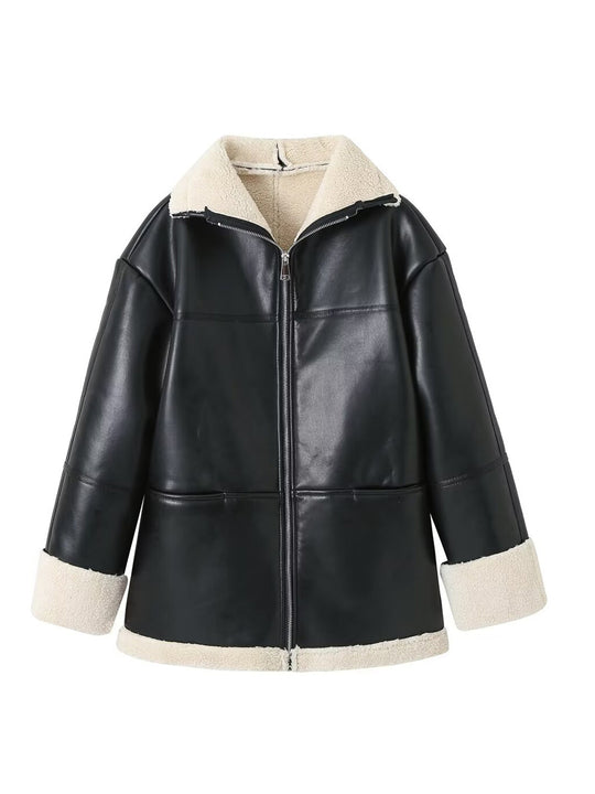 Damen Kunstlederjacke mit Teddyfutter EB