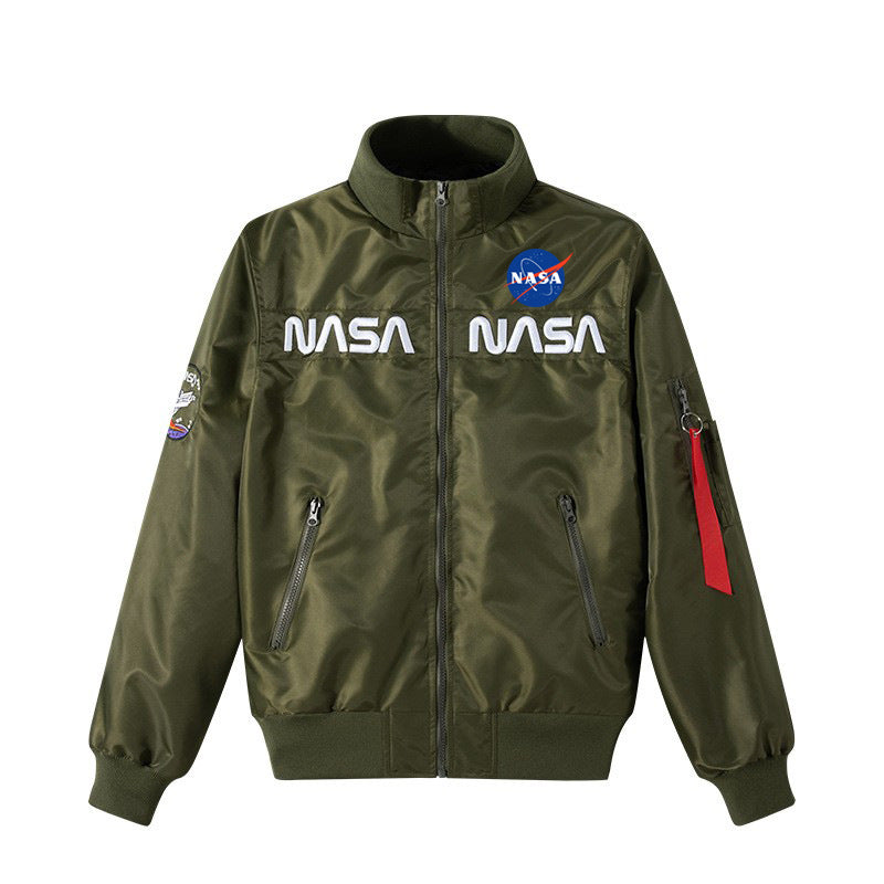 Men's  retro space-logo nylon zip bomber with angled zip pockets and utility sleeve tab EB