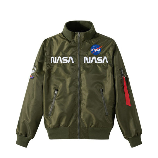 Men's  retro space-logo nylon zip bomber with angled zip pockets and utility sleeve tab EB