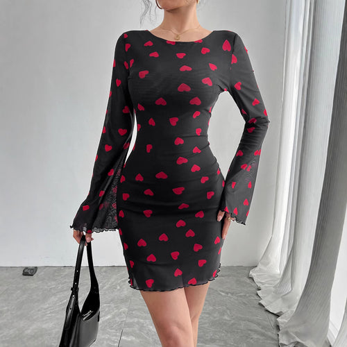 Damen Minikleid mit romantischem Herzmuster und langen Ärmeln EB