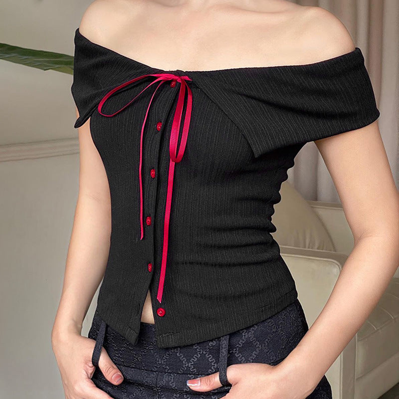 Damen Off-Shoulder Bluse mit Kontrastknöpfen und Taillenband EB