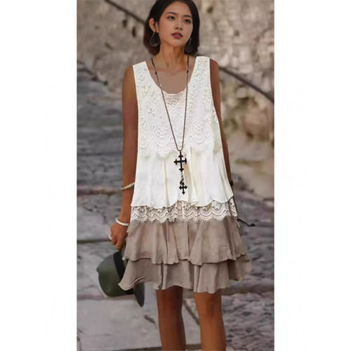 Damen lässiges Strandkleid mit Spitzenverzierung und voluminösem Rüschensaum EB
