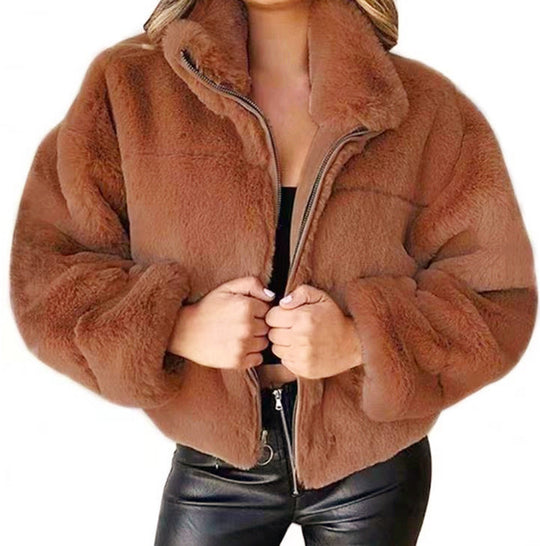 Damen nan kurze kuschelige Kunstpelzjacke mit Stehkragen und Reißverschluss EB
