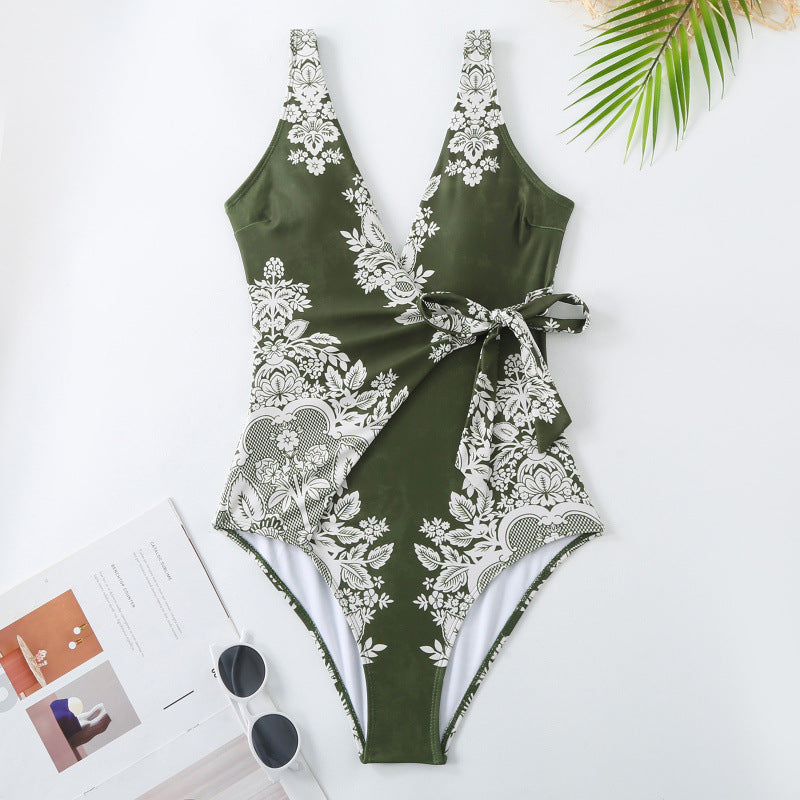 Damen Einteiler Badeanzug mit modischem Wickeldesign und floralem Muster EB
