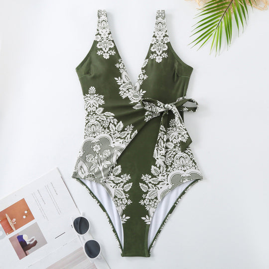 Damen Einteiler Badeanzug mit modischem Wickeldesign und floralem Muster EB