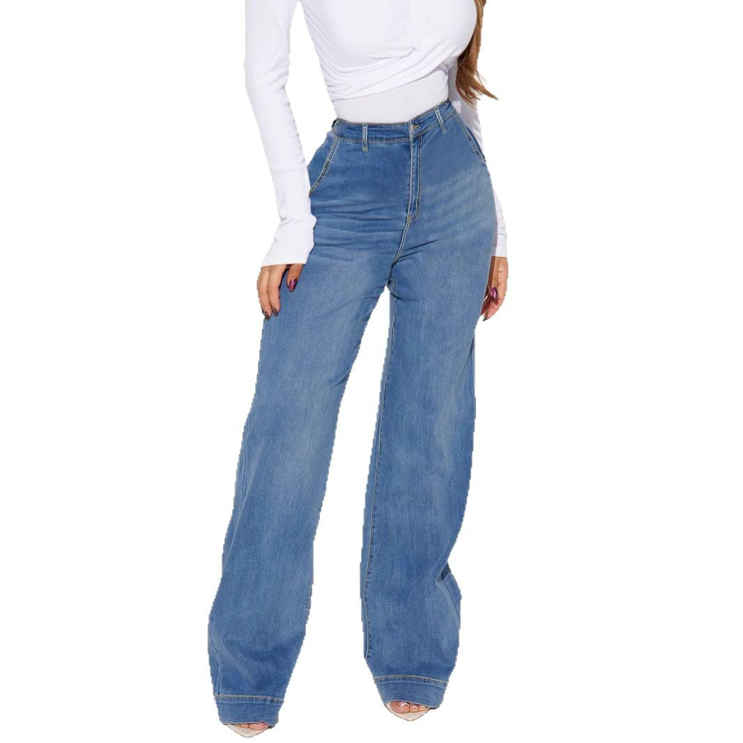 Damen Weite Denim-Hose mit hoch geschnittenem Bund und lässigem Schnitt EB