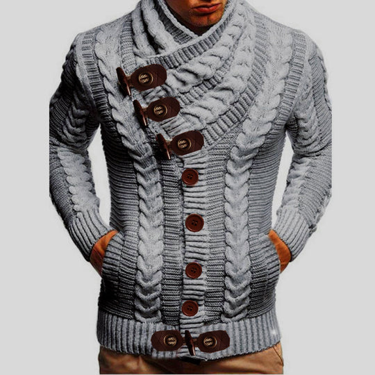 Herren Grobstrickjacke mit kreativem Schalkragen und Knopfdetails EB