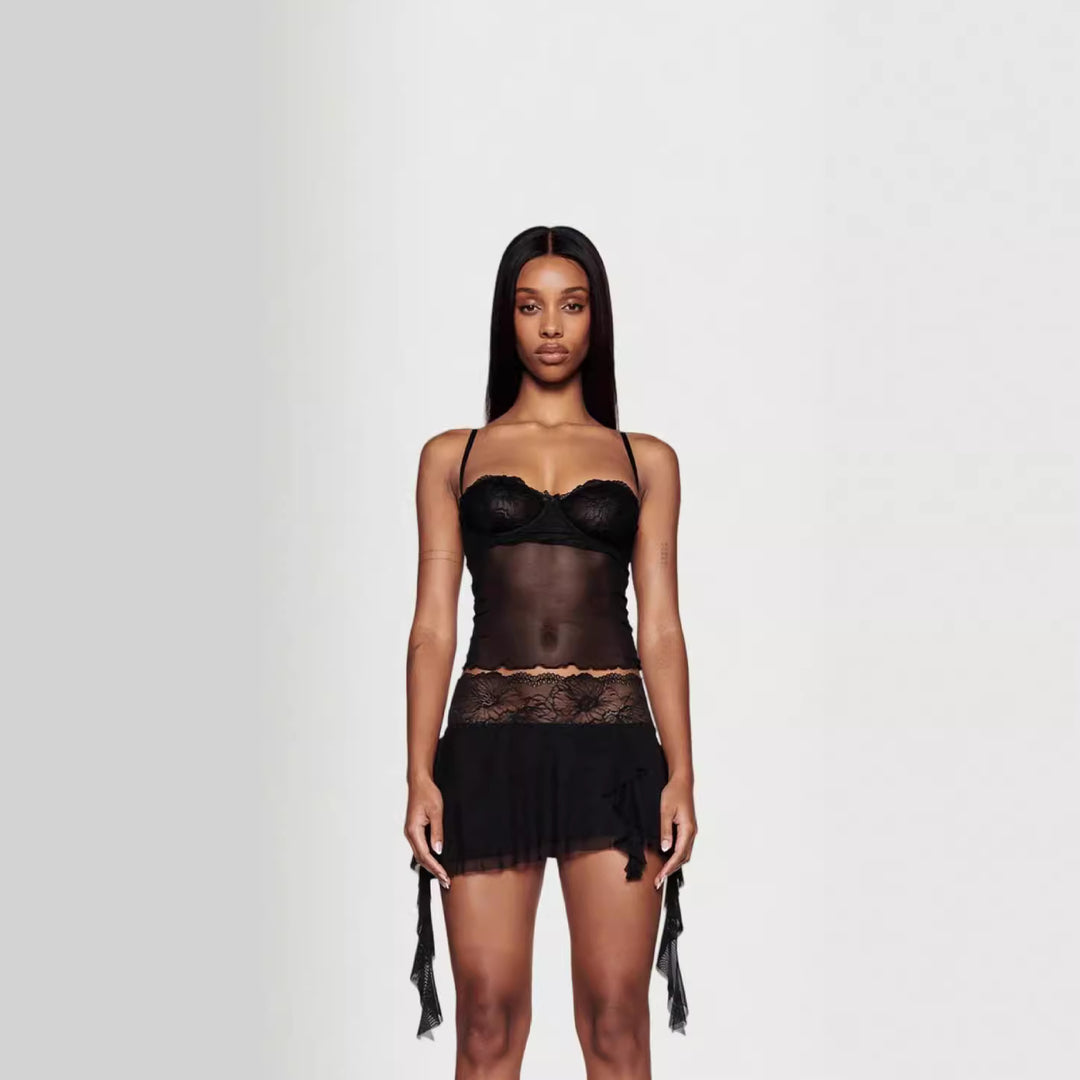 Damen verführerisches Spitzen-Nachtkleid mit asymmetrischem Saum und Leopardenmuster EB