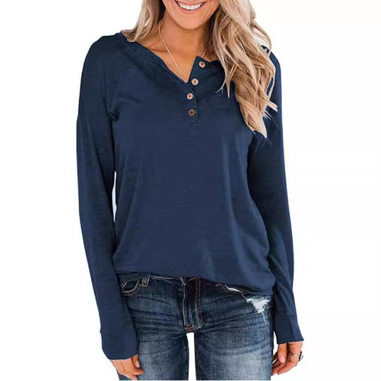 Damen modisches Langarm-Henley-Shirt mit Knopfleiste EB