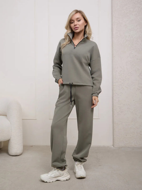 Damen weiches Lounge-Set mit halbem Reißverschluss, Kordelzughose und elastischen Bündchen EB