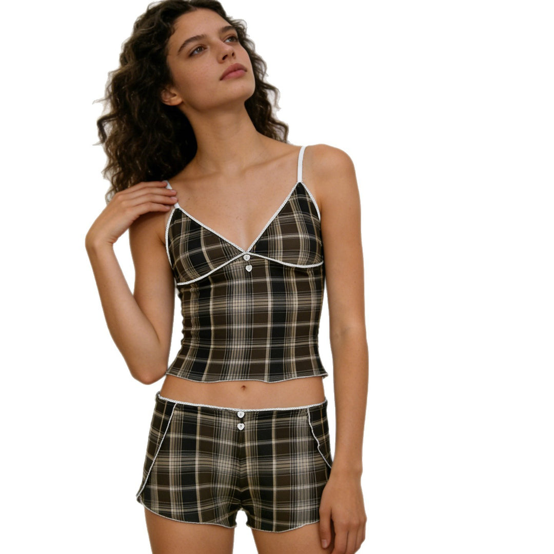 Damen Schlafanzug mit Karomuster und elegantem Spitzendetail EB
