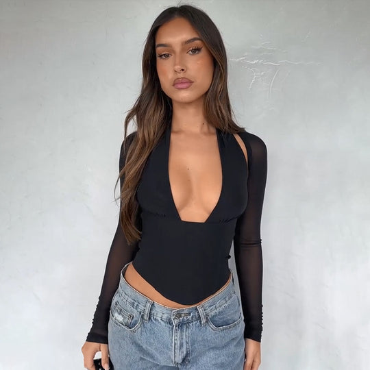 Damen Cropped-Top mit transparenten Ärmeln und tiefem V-Ausschnitt EB