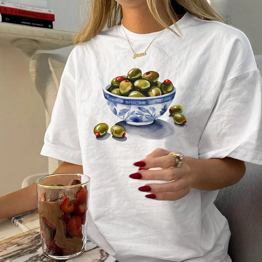 Damen T-Shirt mit kreativem Olivenmotiv EB