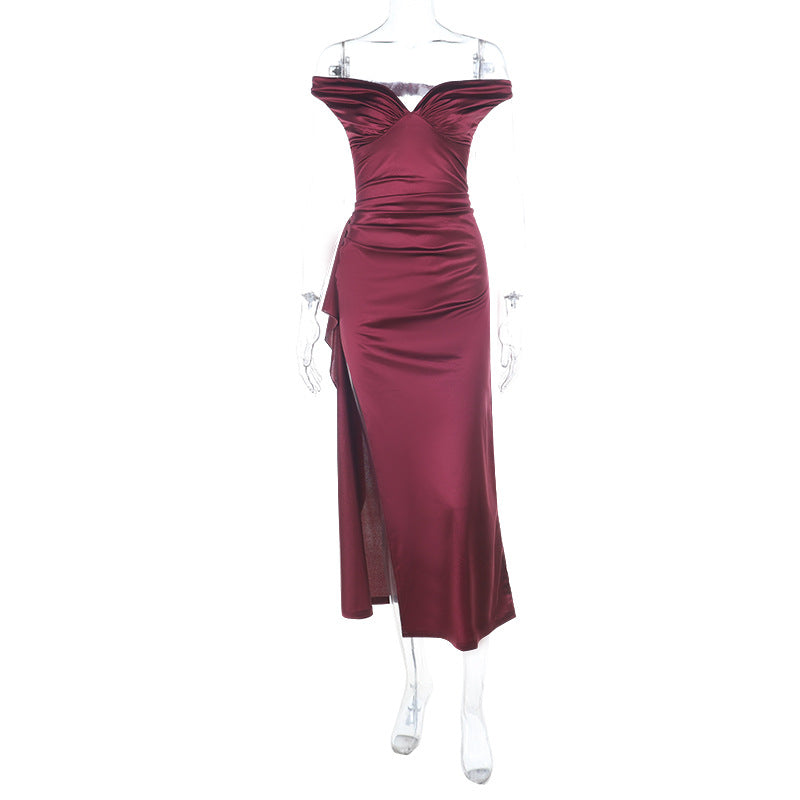Damen elegantes schulterfreies Maxikleid mit fließendem Satin und verführerischem Schlitz EB