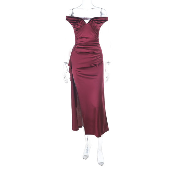 Damen elegantes schulterfreies Maxikleid mit fließendem Satin und verführerischem Schlitz EB