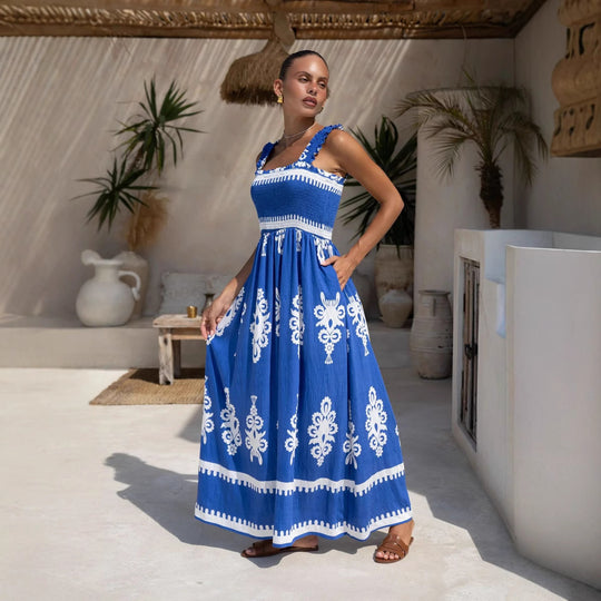 Damen Maxikleid mit elastischem Oberteil und detailliertem Muster EB