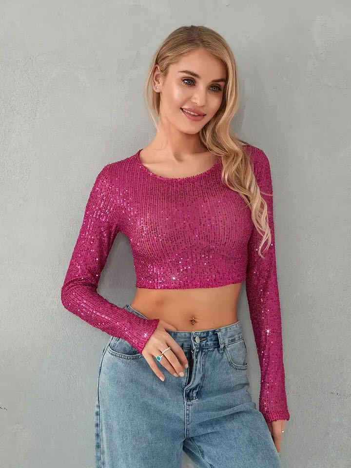 Damen Glitzerndes Crop-Top mit langen Ärmeln und figurbetontem Schnitt EB