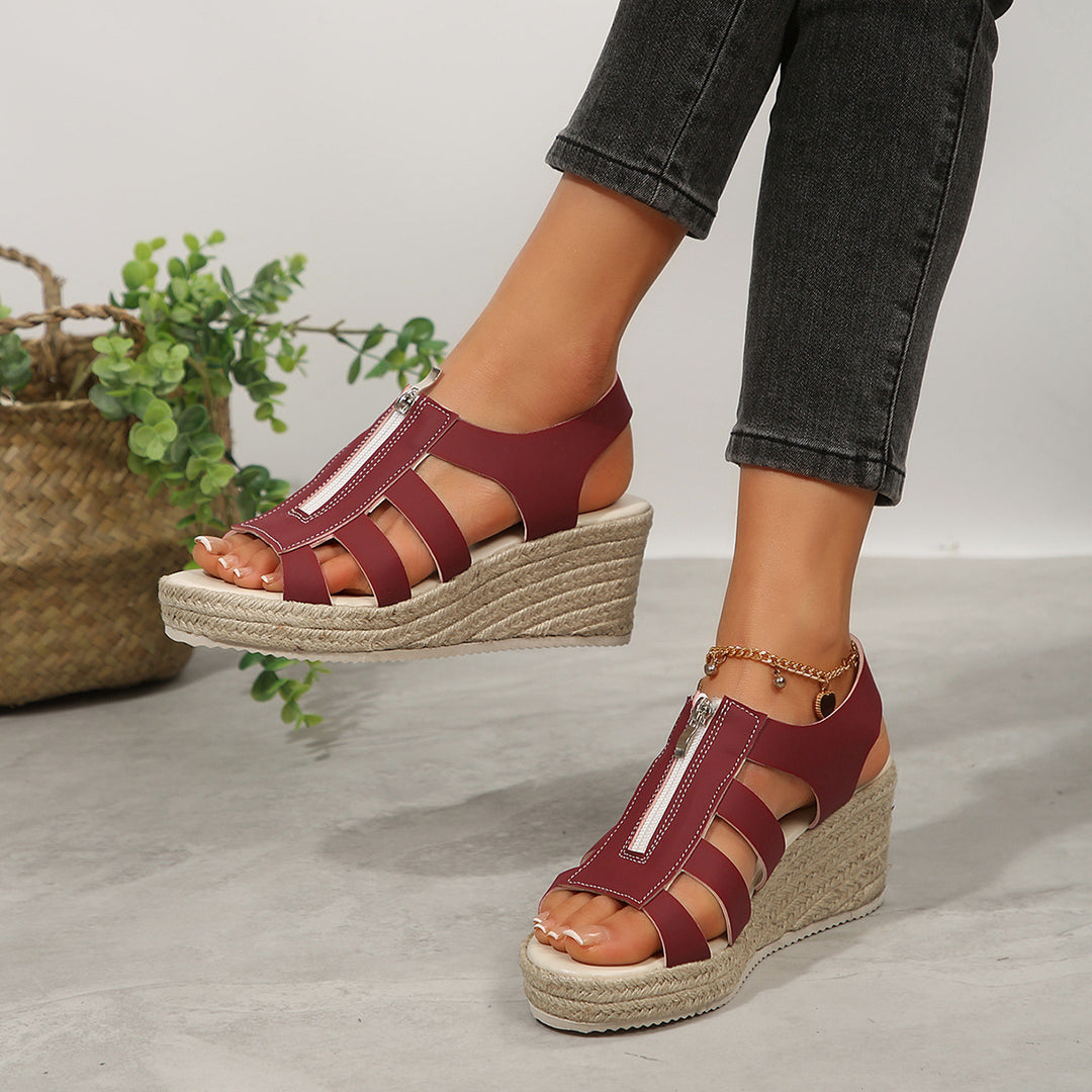Damen Plateau-Riemchen-Sandalen mit Reißverschluss und geflochtener Sohle EB