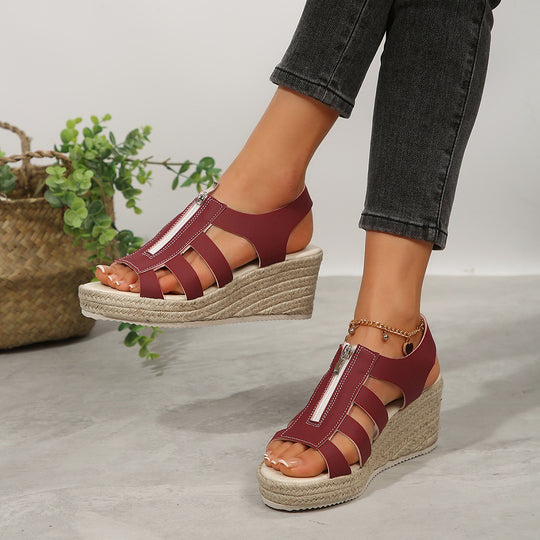 Damen Plateau-Riemchen-Sandalen mit Reißverschluss und geflochtener Sohle EB