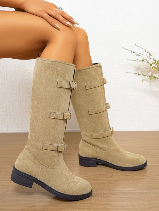 Damen Overkneestiefel mit modischen Schnallen und robustem Profilsohle EB