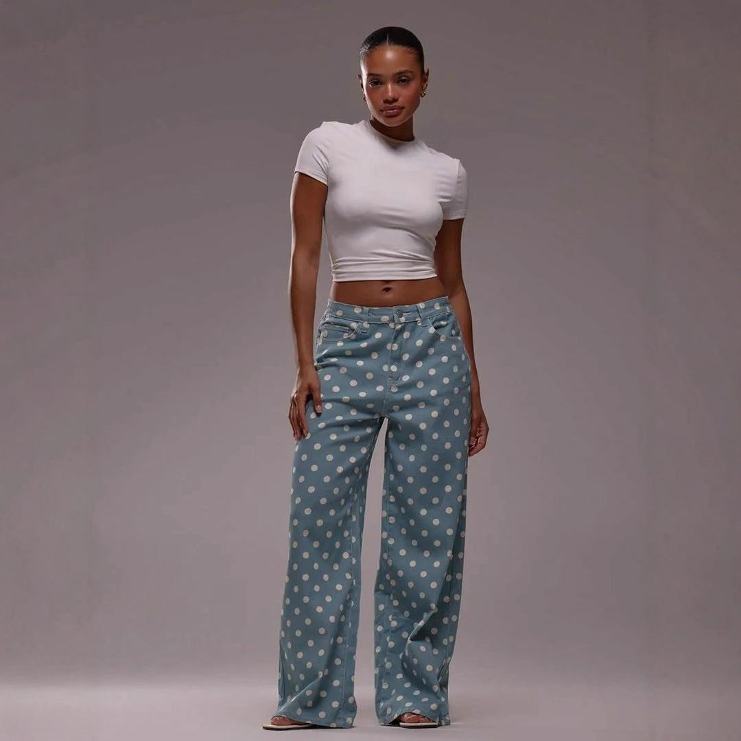 Damen weite Polka-Dot Palazzo-Hosen mit high-waist Schnitt EB
