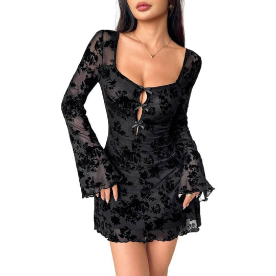 Damen Mini-Kleid mit floralem Stickdesign und transparenten Ärmeln EB