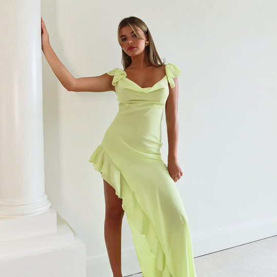 Damen Elegantes Maxi-Kleid mit asymmetrischem Saum und Rüschendetails EB