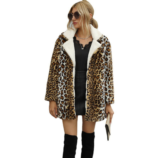 Damen Kunstfelljacke mit modischem Leopardenmuster und weichem Innenfutter EB