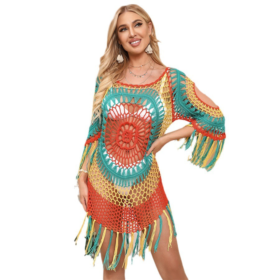 Damen Häkel-Strandkleid mit auffälligem Fransen-Design EB