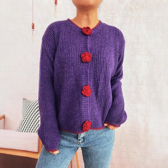 Damen Strickjacke mit floralen Knopfdetails und lässigem Schnitt EB