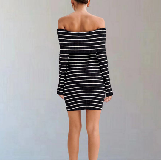 Damen Off-Shoulder Strickkleid mit langen Ärmeln und Streifenmuster EB