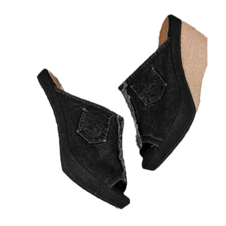 Damen Wedge-Pantoletten mit stylischem Jeans-Design EB