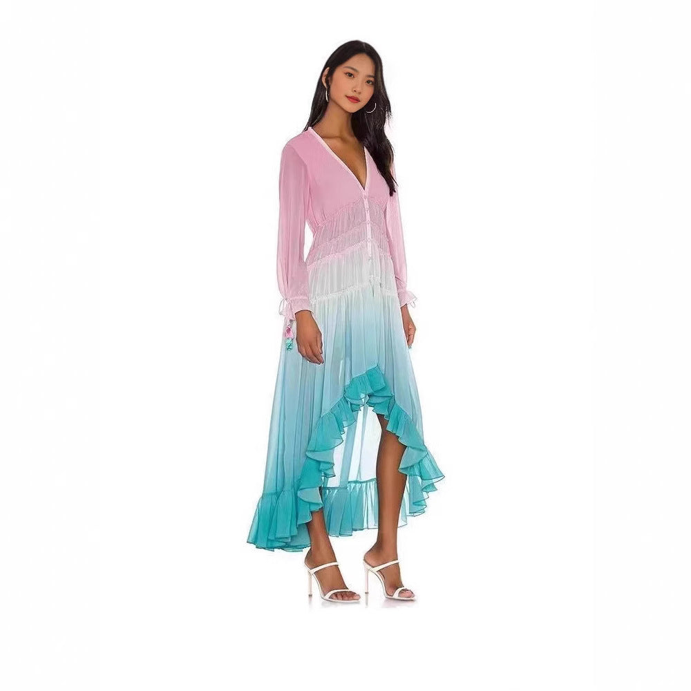 Damen Maxikleid mit Volant-Details und elastischem Oberteil EB