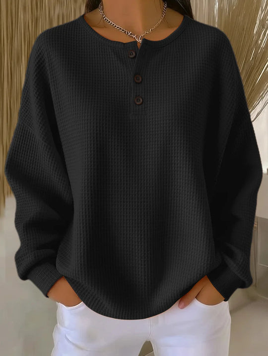 Damen nan Oversized Waffelstrick Henley-Pullover mit Knopfleiste und abgerundetem Saum EB