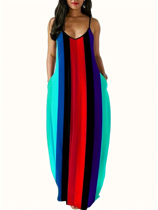 Damen Maxikleid mit tiefem V-Ausschnitt und modischem Streifenmuster EB