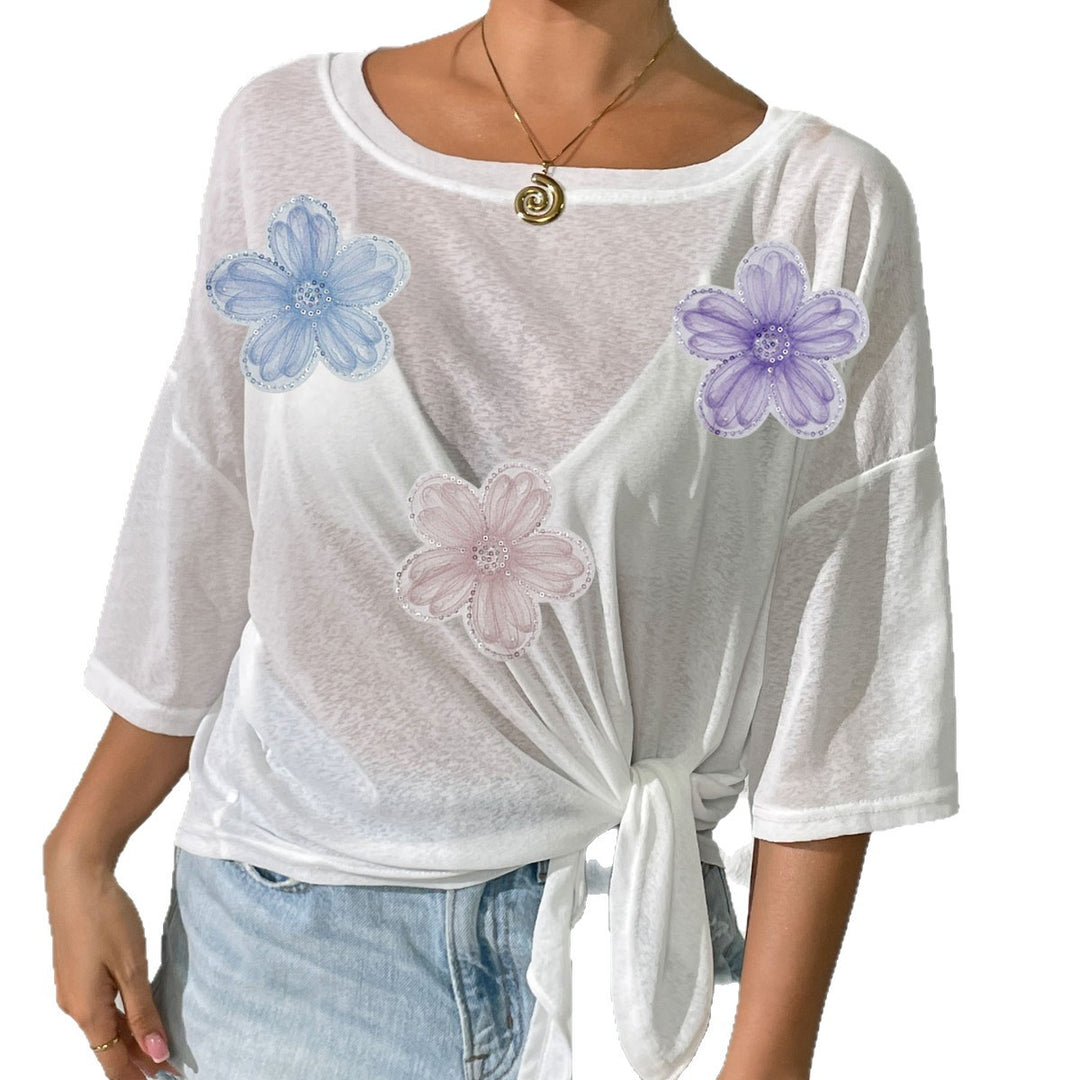 Damen lässiges Oberteil mit floralem Design und seitlichem Knoten EB