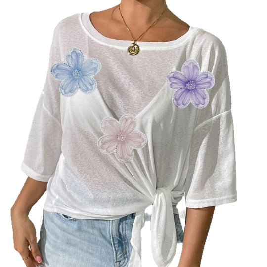Damen lässiges Oberteil mit floralem Design und seitlichem Knoten EB