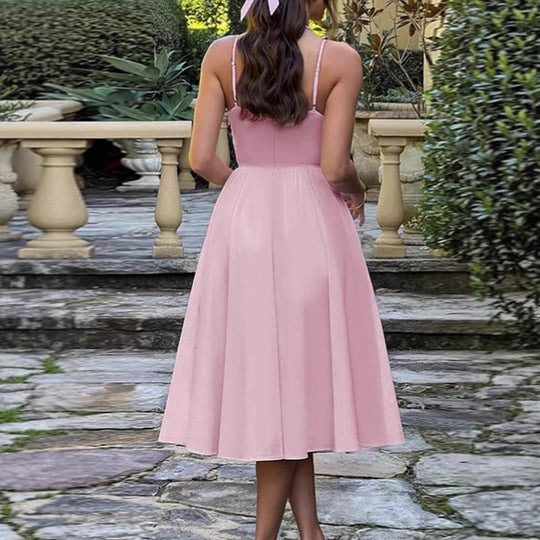 Damen Elegantes A-Linien Midi-Kleid mit Spaghettiträgern und weichem Stoff EB