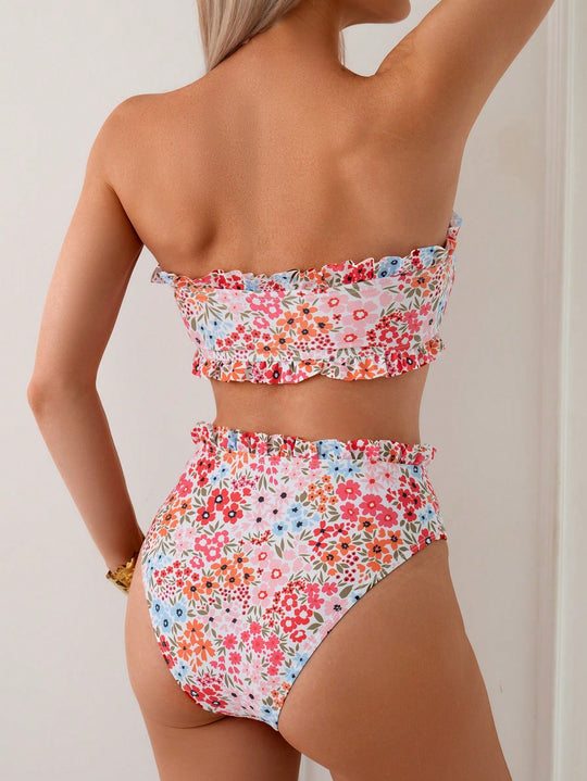 Damen Bandeau-Bikini mit verspieltem Rüschendesign EB