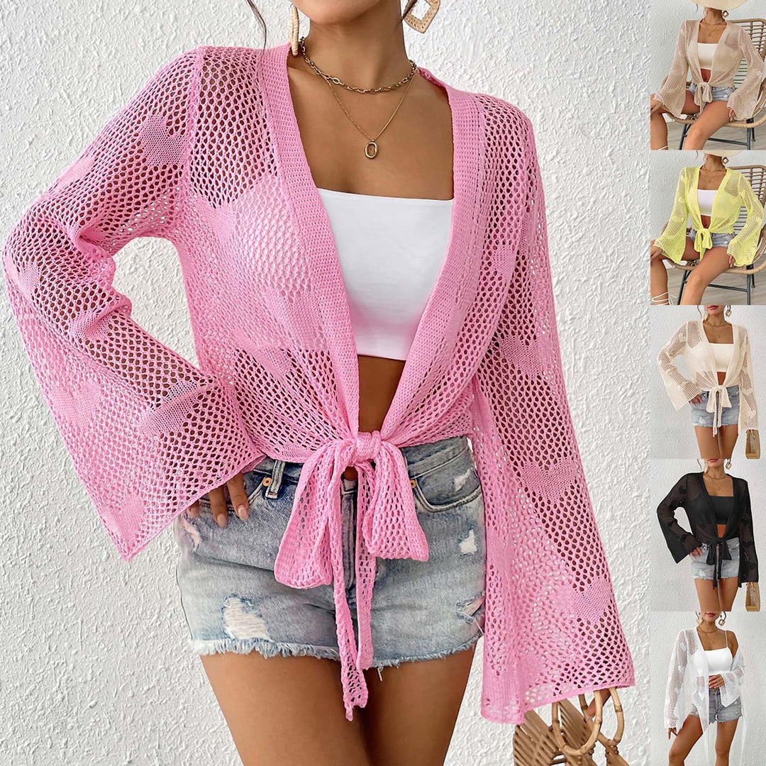 Damen luftiger Strick-Kimono mit offener Front und Kordelzug EB