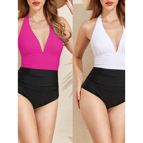 Damen Badeanzug mit tiefem V-Ausschnitt und elegantem Farbkontrast EB