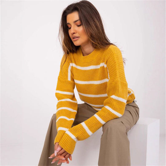 Damen lässiger Strickpullover mit modernem Streifenmuster und weitem Schnitt EB
