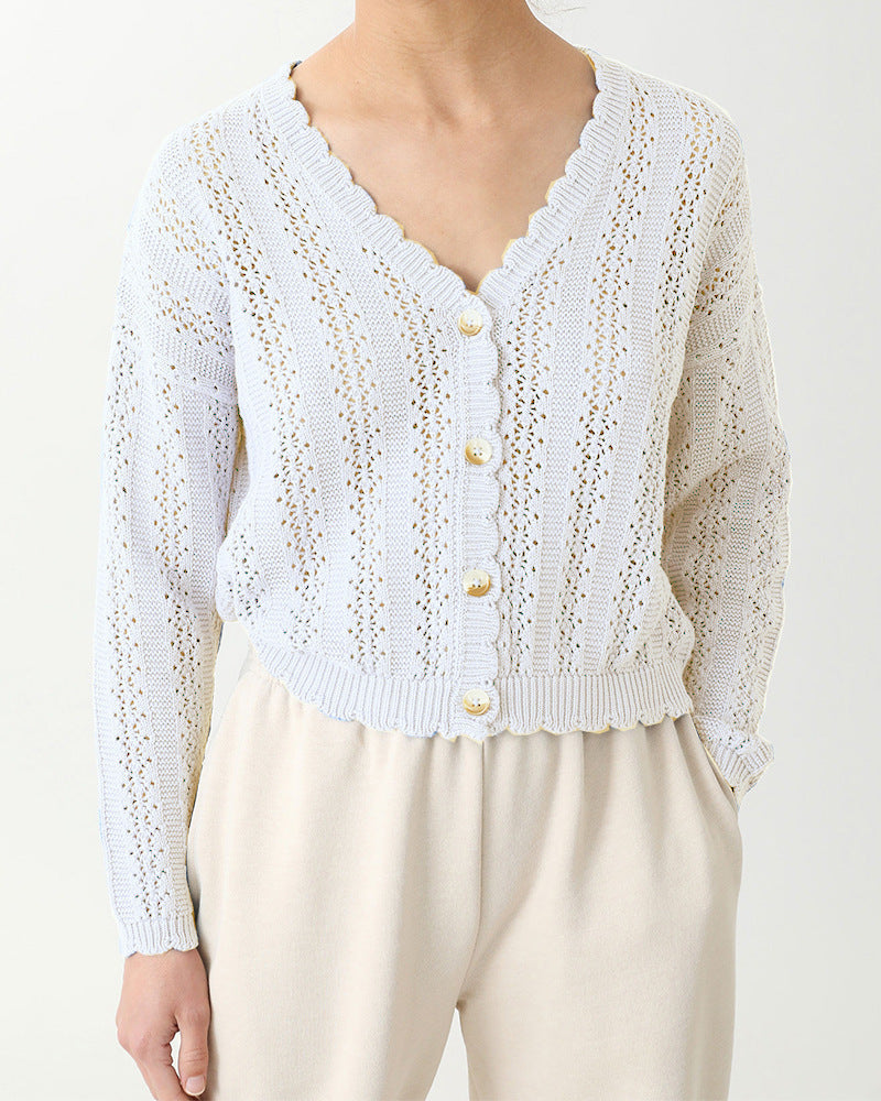 Damen Strickcardigan mit femininer Rüsche und Knopfdetails EB