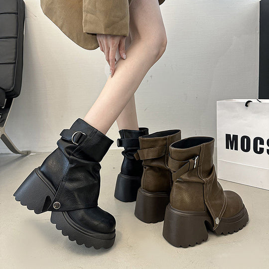 Damen modische Chunky-Boots mit dekorativem Riemen und stabiler Sohle EB